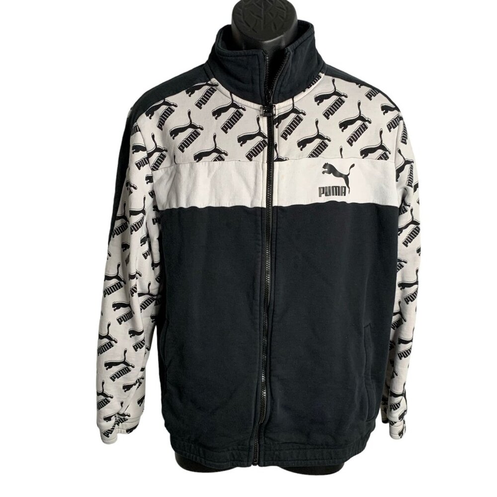 Puma Full Zip Logo Sweatshirt Track Jacket L Black Fleece High Neck Pockets